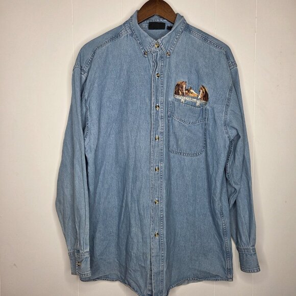 Outrageous Sports Mens Demin Horse Embroidered Button Up Top Size L Western - Picture 1 of 8